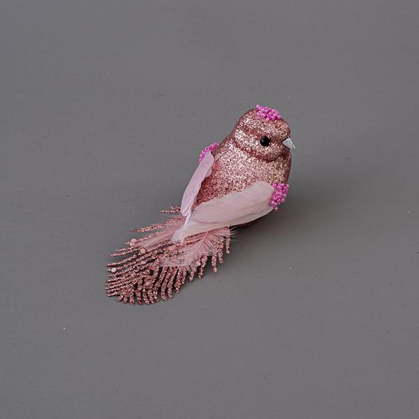 PAJARO ROSA, CON BRILLO Y PLUMAS, 15cm