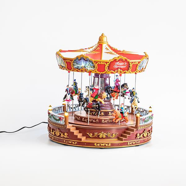 CARRUSEL ANIMALES ROJO, 28 LED, CON MOVIMIENTO Y MUSICA, CON ADAPTADOR, 30,5x31cm