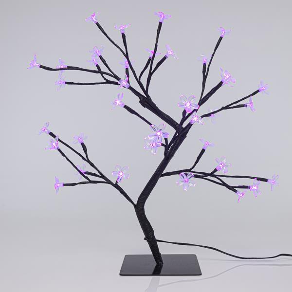 CEREZO, 36 LED 5mm CON FLORES DE SILICONA TRANSPARENTE, CON ADAPTADOR, LED MORADO, CABLE 500cm, 45cm, IP44