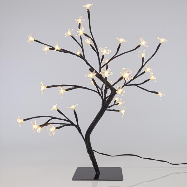 CEREZO, 36 LED 5mm CON FLORES DE SILICONA TRANSPARENTE, CON ADAPTADOR, LED BLANCO CALIDO, CABLE 500cm, 45cm, IP44