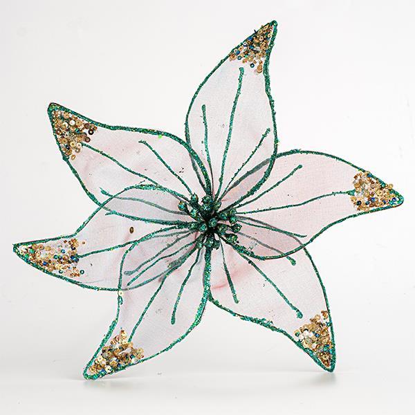 FLOR DE ORGANZA, AZUL TRANSPARENTE CON BRILLO, 30cm