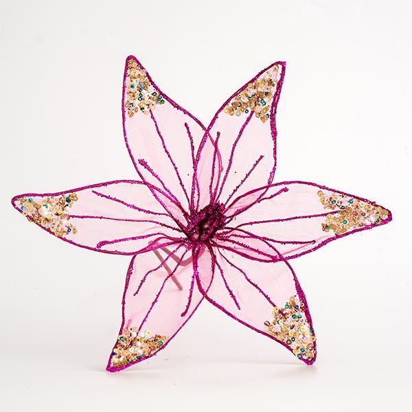 FLOR DE ORGANZA, TRANSPARENTE ROJO OSCURO CON BRILLO, 30cm