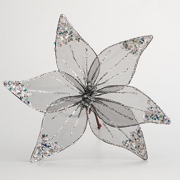 FLOR DE ORGANZA, GRIS TRANSPARENTE CON BRILLO, 30cm