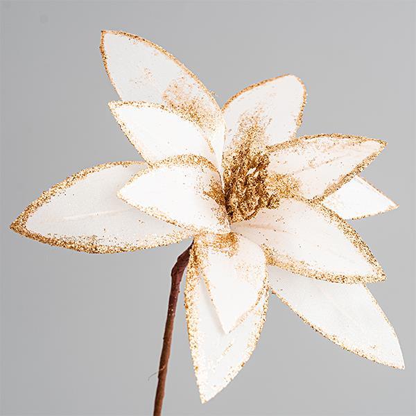 FLOR BLANCA, CON DORADO, BRILLO, CON TALLO LARGO 72cm, 23cm