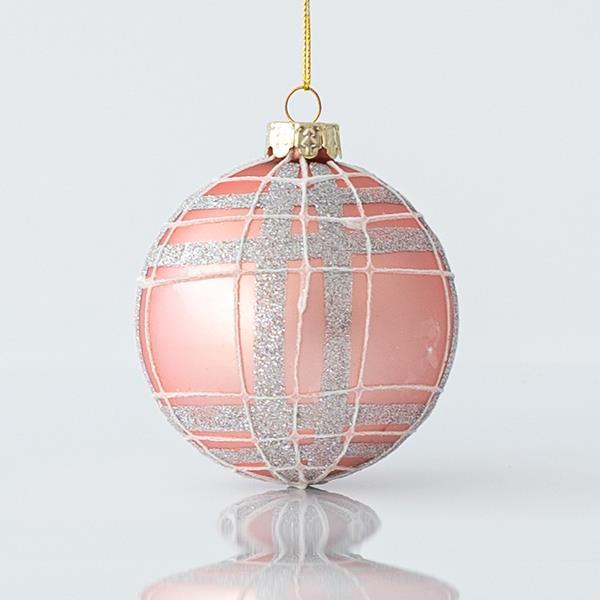BOLA DE CRISTAL, ROSA MATE, CON BRILLO PLATA, SET 4PZS, 8cm