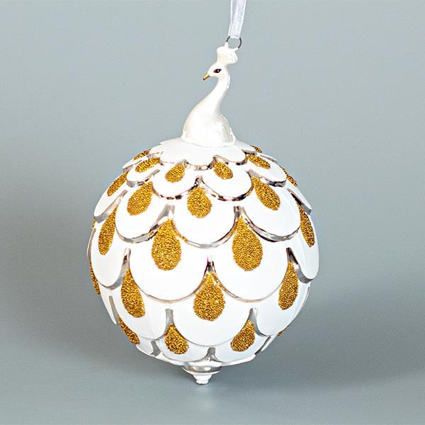 BOLA DE CRISTAL, BLANCA CON PAVO REAL DE PORCELANA, CON DISEÑOS DORADOS, 9cm, UDS 1