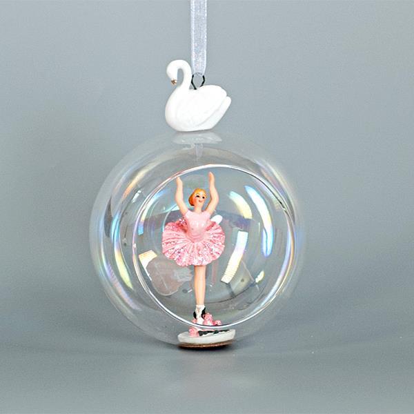 BOLA DE CRISTAL, CON CISNE DE PORCELANA, CON BAILARINA EN EL INTERIOR, 10x13cm