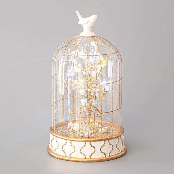 CAMPANA JAULA CRISTAL PÁJARO Y PERLA 12 LED 14,6x24cm