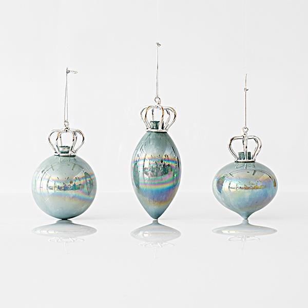 ADORNO DE VIDRIO, IRIDISCENTE, MENTA, CON CORONA, 3 FORMAS, SET 4PZS, 10 Y 14,8cm