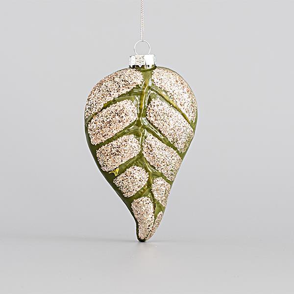 ADORNO DE VIDRIO, HOJA, VERDE, CON BRILLO, SET 4PZS, 7x2,6x11,5cm