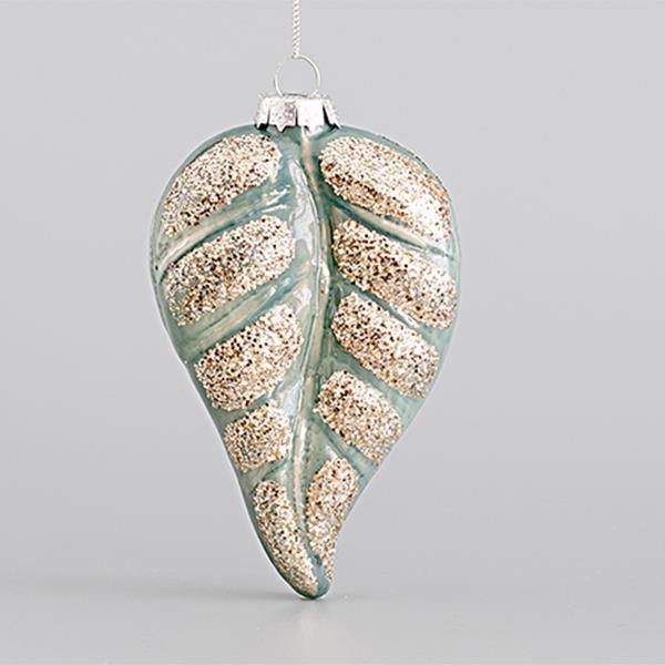 ADORNO DE VIDRIO, HOJA, MENTA, CON BRILLO, SET 4PZS, 7x2,6x11,5cm