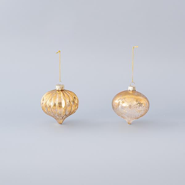 ADORNO DE VIDRIO, CEBOLLA, DORADO, 2 DISEÑOS, SET 4PZS, 8cm