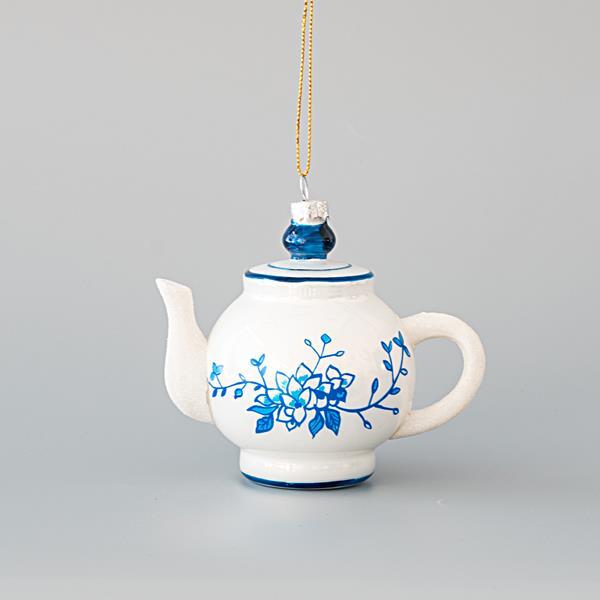 ADORNO DE CRISTAL, TETERA, CON FLORES AZULES, SET 4PZS, 11x7,5x10cm