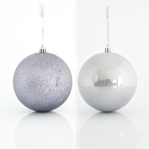 BOLAS DE PLÁSTICO GRIS, SET 6PZS, (2 PERLAS, 4 GLITTER), 10cm