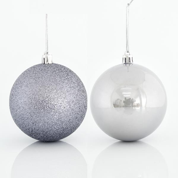 BOLA GRIS, PLÁSTICO, SET 6PZS, (2 PERLAS, 4 GLITTER), 8cm