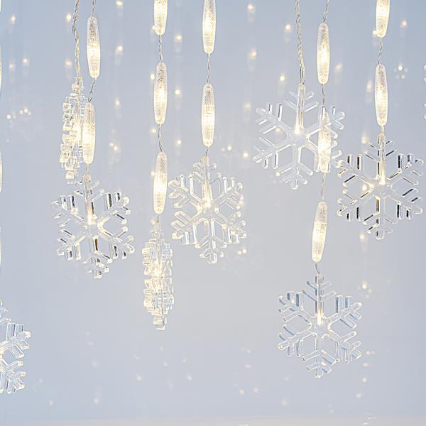 ICICLE, 56 LED 5mm CON 14 COPOS DE NIEVE 11cm, ADAPTADOR 3,4V, CABLE TRANSPARENTE, LED BLANCO CÁLIDO, H80xW300cm, CABLE 3m, IP44