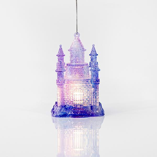 CASTILLO DE ACRÍLICO ILUMINADO, MORADO, FUNCIONA CON PILAS, 7,4x11,3cm