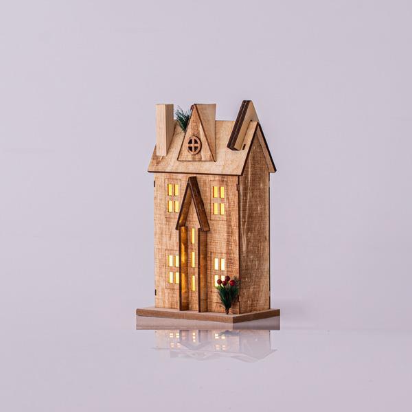 CASA DE MADERA ILUMINADA, 3 LED, PILAS, BLANCO CÁLIDO, 17x11x31cm