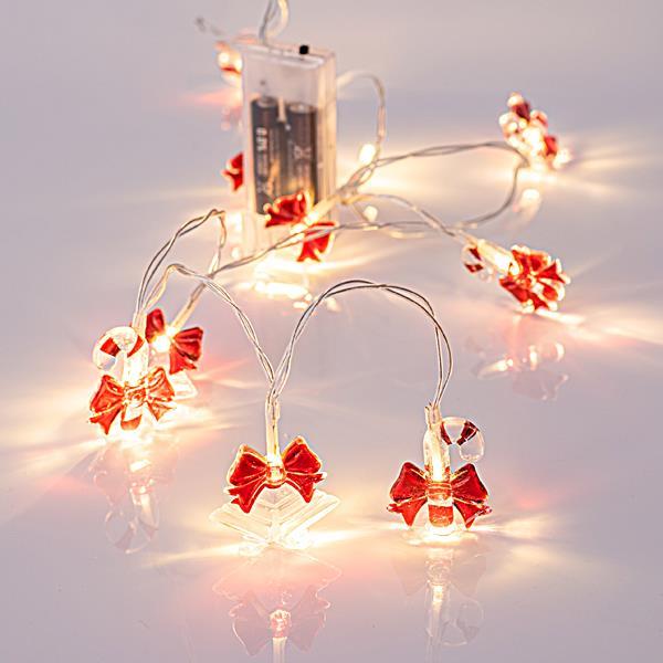 LÍNEA, 10 LED 5mm CON 5 CAMPANAS ACRÍLICO 4cm Y 5 CARAMELOS 3,9cm, CAJA DE PILAS 2xAA, CABLE TRANSPARENTE, LED BLANCO CÁLIDO POR 10cm, CABLE DE PLOMO 50cm, IP20
