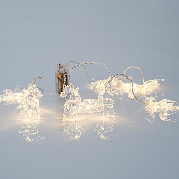 LINEA, 10 LED 5mm CON RENOS ACRÍLICOS, CAJA DE PILAS 2xAA, CABLE TRANSPARENTE, LED BLANCO CÁLIDO POR 15cm, CABLE DE PLOMO 50cm, IP20