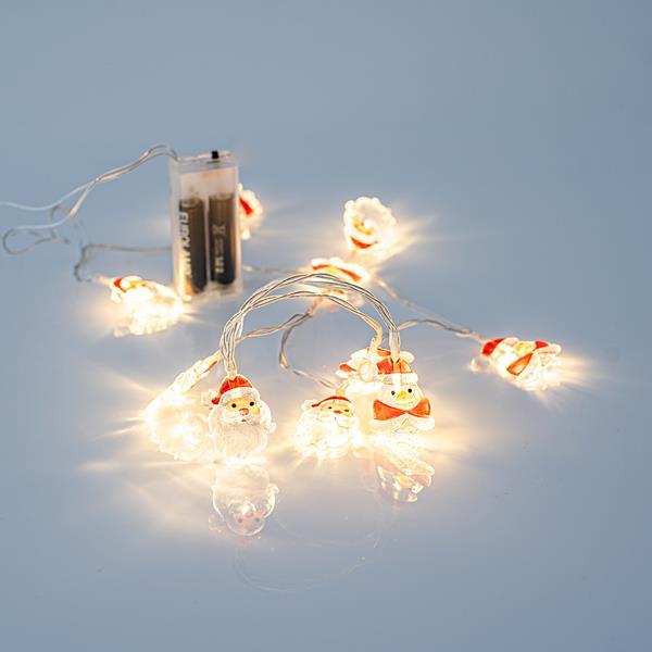LINEA, 10 LED 5mm CON PAPAS Y PINGÜINOS ACRÍLICOS, CAJA DE PILAS 2xAA, CABLE TRANSPARENTE, LED BLANCO CÁLIDO POR 10cm, CABLE DE PLOMO 50cm, IP20