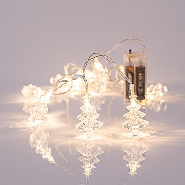 LÍNEA, 10 LED 5mm CON ÁRBOLES DE ACRÍLICO 4,7cm, CAJA DE PILAS 2xAA, CABLE TRANSPARENTE, LED BLANCO CÁLIDO POR 10cm, CABLE DE PLOMO 50cm, IP20