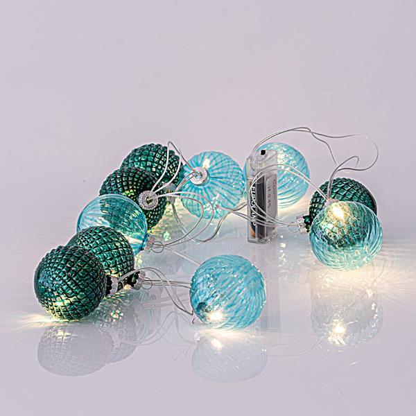 LINEA, 10 LED 5mm CON BOLAS DE CRISTAL VERDE 6cm, CAJA DE PILAS 3xAA, CABLE TRANSPARENTE, LED BLANCO CÁLIDO POR 15cm, CABLE DE PLOMO 50cm, IP20