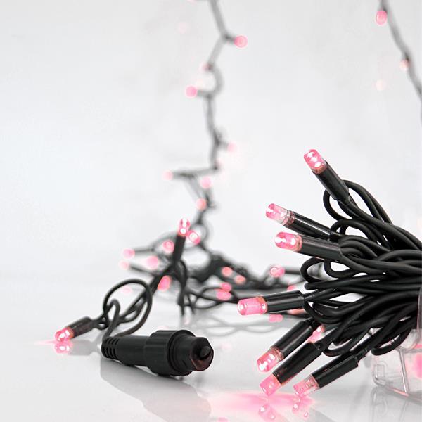LINEA, 100 LED 5mm CON COPAS, 230V, CONECTOR HASTA 9, CABLE GOMA VERDE, LED ROSA POR 10cm, CABLE 1.5m, IP65