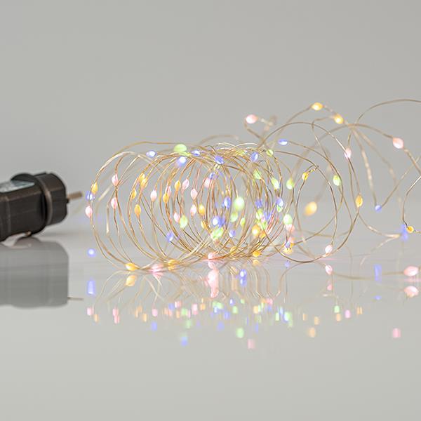 LINEA, 100 MINI LED, ADAPTADOR 4.5V CON 11 MULTIFUNCIONES, HILO COBRE PLATA, LED MULTI OPAL-BLANCO CÁLIDO POR 10cm, CABLE 5m, IP44