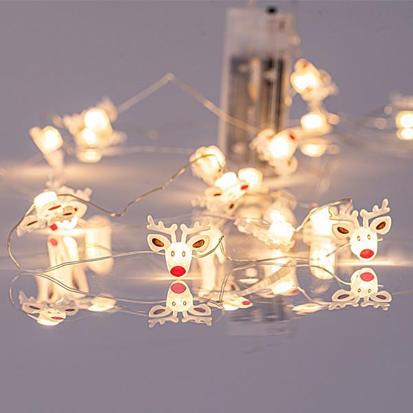 LINEA, 20 MINI LED CON CABEZA DE CIERVO ACRÍLICO 2,2cm, CAJA DE PILAS 2xAA, ALAMBRE DE COBRE PLATA, LED BLANCO CÁLIDO POR 10cm, CABLE DE PLOMO 30cm, IP20
