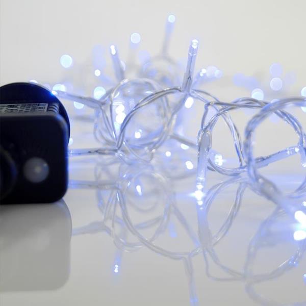 LINEA, 240 LED 3mm, ADAPTADOR 31V CON 8 MULTIFUNCIONES, HILO TRANSPARENTE, LED AZUL POR 5cm, CABLE 3m, IP44