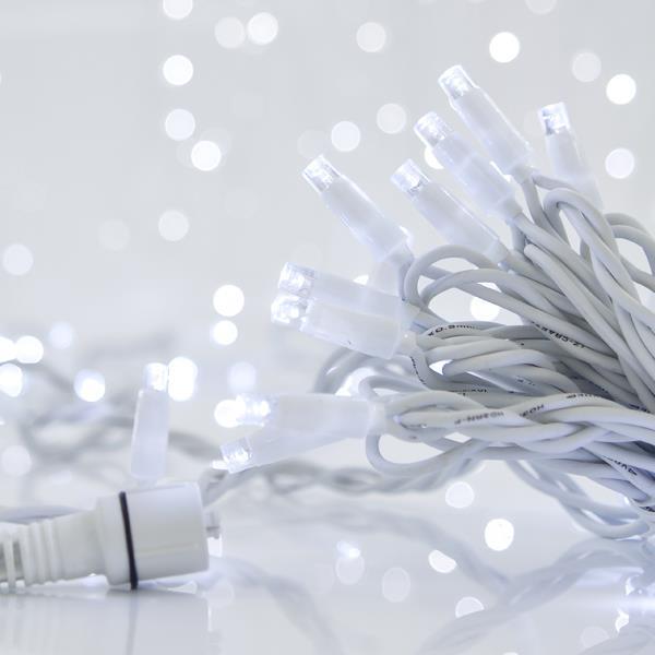 LINEA, 100 LED 5mm, 230V, CONECTOR HASTA 9, CABLE 150cm, CABLE CAUCHO BLANCO, LED BLANCO, POR 10cm, IP65