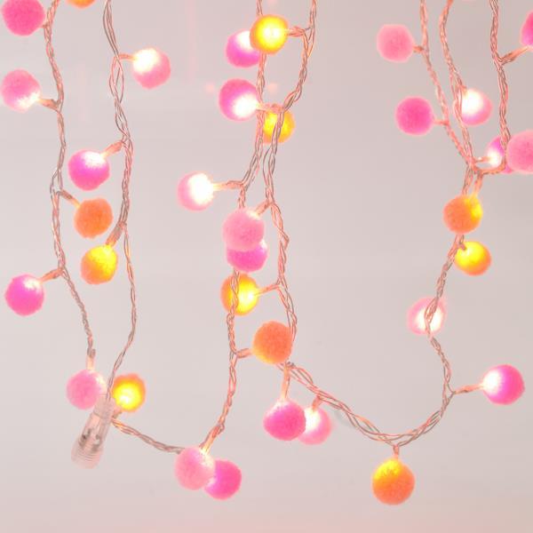 LINEA, 100 LED 3mm BOLAS ALGODÓN BLANCO Y ROSA 2cm, ADAPTADOR 31V, CONECTOR HASTA 3, HILO TRANSPARENTE, LED BLANCO CALIDO POR 5cm, CABLE 3m, IP44