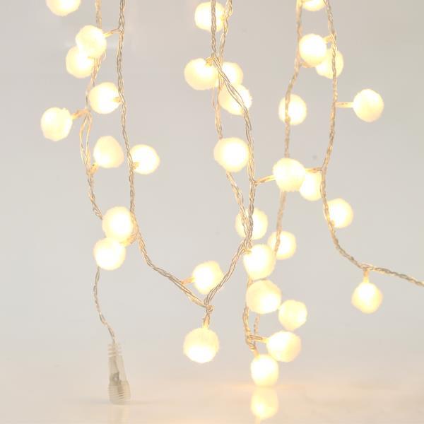 LINEA, 100 LED 3mm BOLAS DE ALGODÓN BLANCO 2cm, ADAPTADOR 31V, CONECTOR HASTA 3, HILO TRANSPARENTE, LED BLANCO CÁLIDO POR 5cm, CABLE 3m, IP44