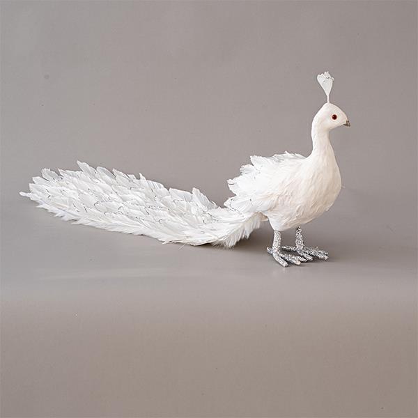 PAVO REAL BLANCO, CON BRILLO Y PLUMAS, 80cm