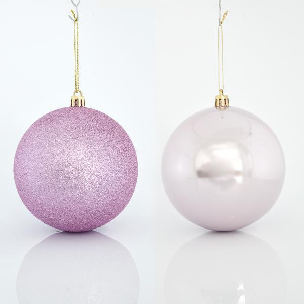 BOLAS DE PLÁSTICO ROSA, SET 6PZS, (2 PERLAS, 4 GLITTER), 10cm