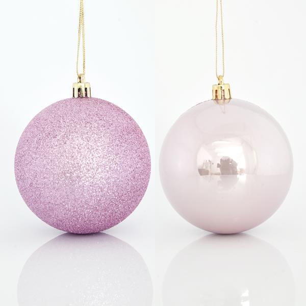 BOLAS ROSAS, PLÁSTICO, SET 6PZS, (2 PERLAS, 4 GLITTER), 8cm