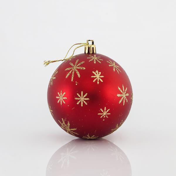BOLAS DE PLÁSTICO ROJO MATE, CON DISEÑOS EN BRILLO DORADO, SET 6PZS, 8cm