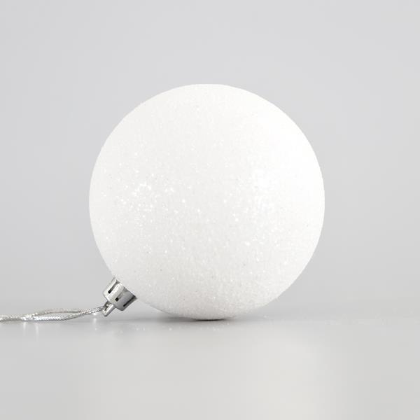 BOLAS DE PLÁSTICO BLANCAS CON BRILLO, SET 6PZS, 8cm