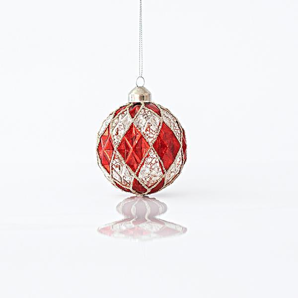 BOLA DE CRISTAL EN ELEVADO, ROJA Y PLATA, CON BRILLO, SET 4PZS, 8cm