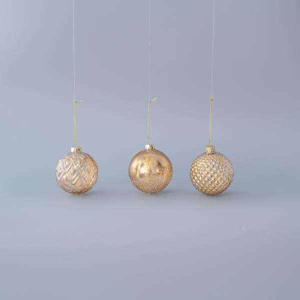 BOLA CRISTAL RELIEVE, ORO TRANSPARENTE, RELIEVE, 3 DISEÑOS, SET 4PZS, 8cm