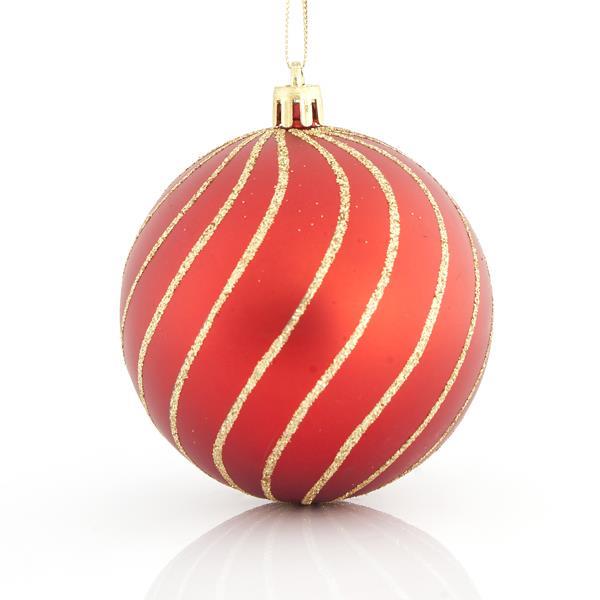 BOLAS ROJO MATE, CON DECORACION DORADA, PLÁSTICO, JUEGO 6PZS, 8cm