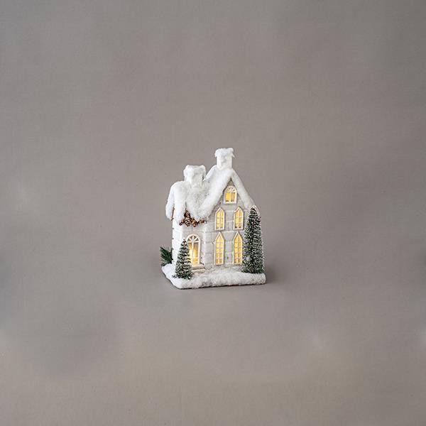 CASA ILUMINADA NIEVE, 4 LED, FUNCIONA CON PILAS, 19x17x31cm