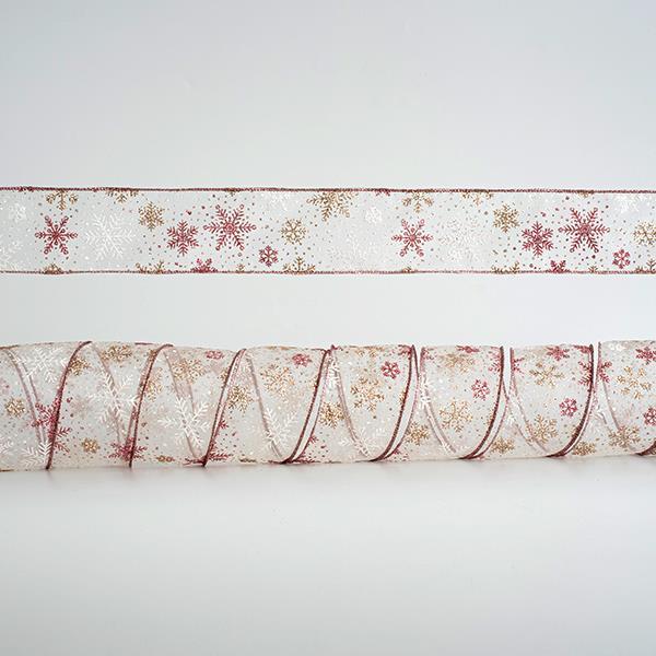 CINTA TRANSPARENTE, CON COPOS DE NIEVE PLATA Y ROSA, 6,35cm, 10A