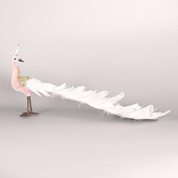 PAVO REAL DE TERCIOPELO, ROSA, CON PLUMAS BLANCAS, 35x19cm