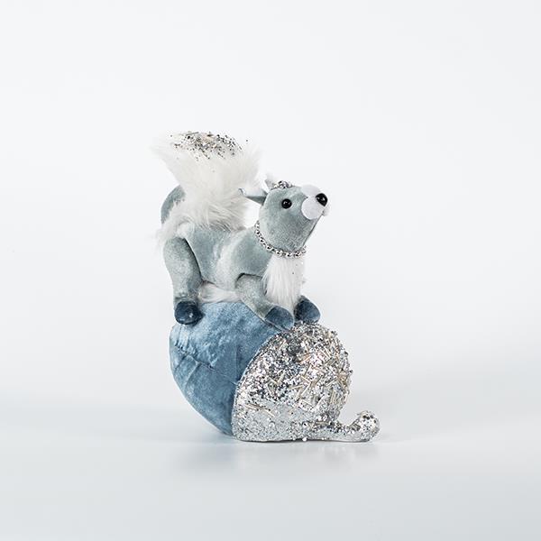 ARDILLA DE TERCIOPELO, GRIS, CON BELLOTA AZUL, 16x22cm
