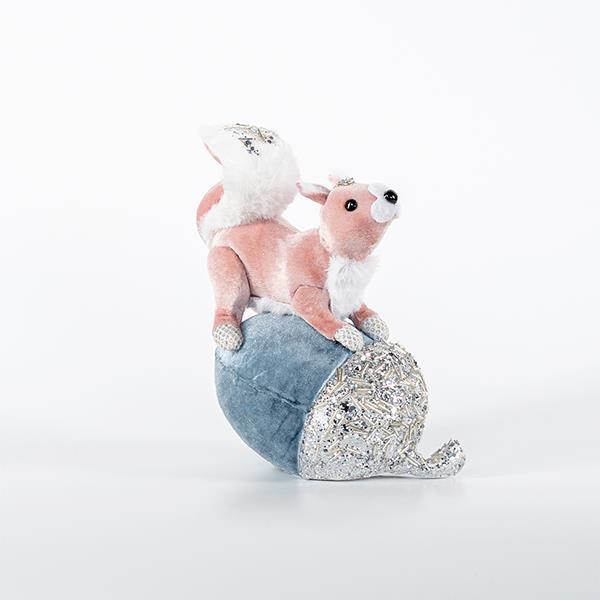 ARDILLA DE TERCIOPELO, ROSA, CON BELLOTA AZUL, 16x22cm