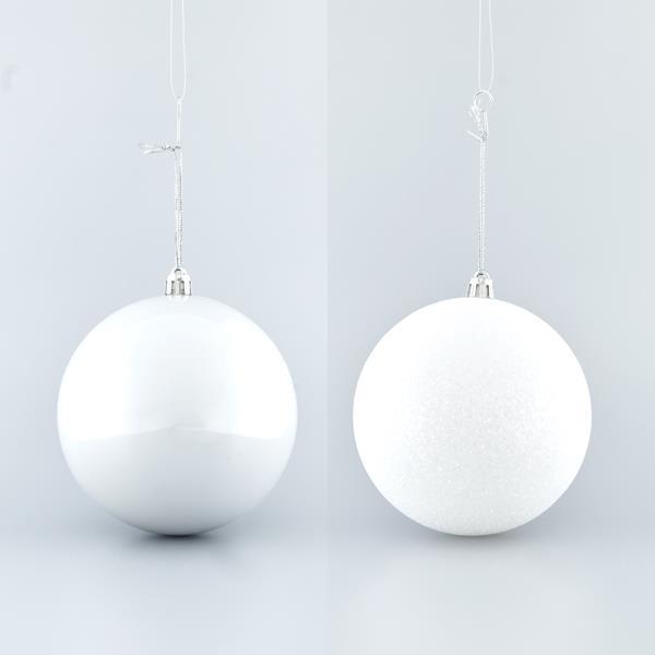 BOLA DE PLÁSTICO BLANCO, SET 6PZS, (2 PERLAS, 4 GLITTER), 10cm