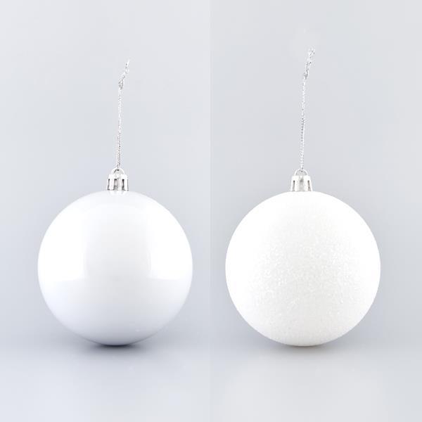 BOLAS DE PLÁSTICO BLANCO, SET 6PZS, (2 PERLAS, 4 GLITTER), 8cm