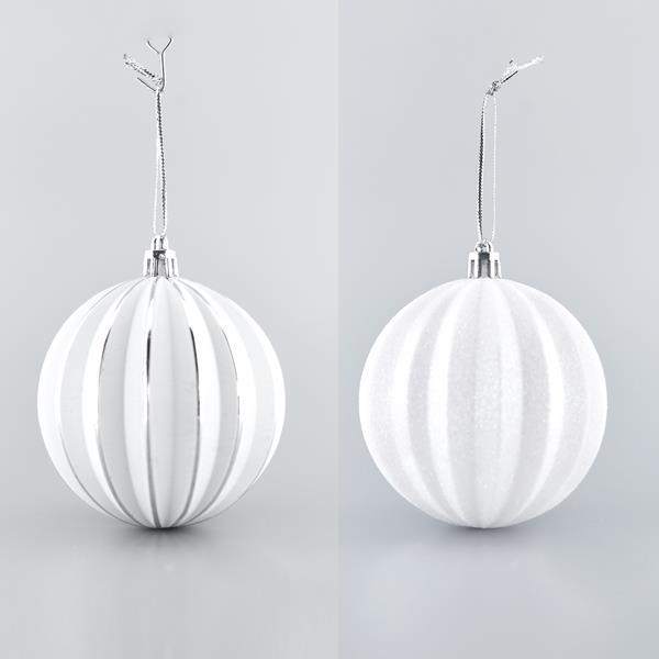 BOLAS BLANCAS GRABADAS CON BRILLOS PLATA Y BLANCOS, SET 6PZS, 8cm